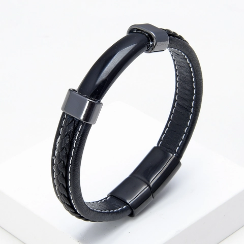 Retro Men Braided Leather Bracelet With Natural Stone Inlay Stainless Steel Magnetic Clasp Industrial Style Cuff Bangle Gift