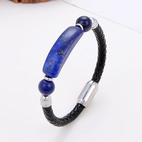 Pulsera de Cuero Trenzado Vintage Con Piedra Natural Cierre Magnético de Acero Inoxidable Joyería Estilo Bohemio Hombre