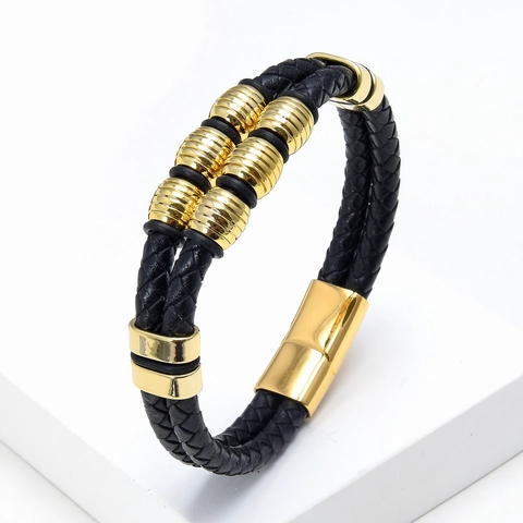 Pulsera de Cuero Trenzado de Doble Capa para Hombre Con Cierre Magnético de Acero Inoxidable Estilo Vintage Punk Joyería