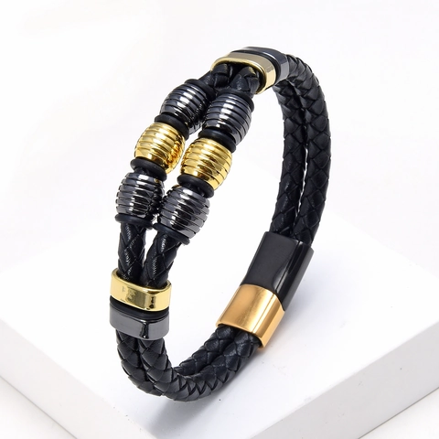 Pulsera de Cuero Trenzado de Doble Capa para Hombre Con Cierre Magnético de Acero Inoxidable Estilo Vintage Punk Joyería
