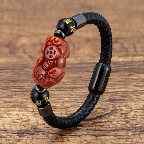 Ethnic Style Pixiu Leather Bracelet For Men Women Stainless Steel Magnetic Buckle Woven Cord Lucky Stone Mantra Beads Hand Jewelry