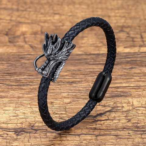 Ethnic Dragon Head Braided Leather Bracelet For Men Women Stainless Steel Clasp Vintage Punk Wristband Biker Jewelry Gift