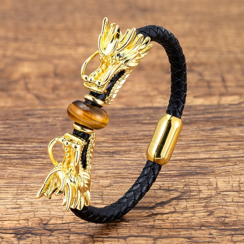 Drakenkop Leer Gevlochten Armband Voor Mannen Vintage Etnische Stijl Tijgeroog Obsidiaan Magnetische Sluiting Handsieraden Cadeau