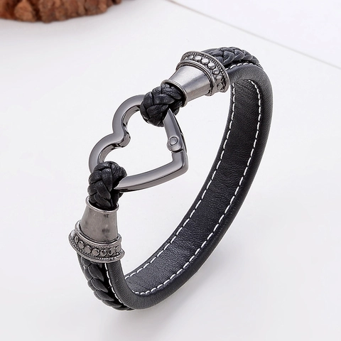 Vintage Black Leather Woven Bracelet With Heart Shaped Alloy Magnetic Clasp Punk Style Unisex Fashion Wristband Jewelry