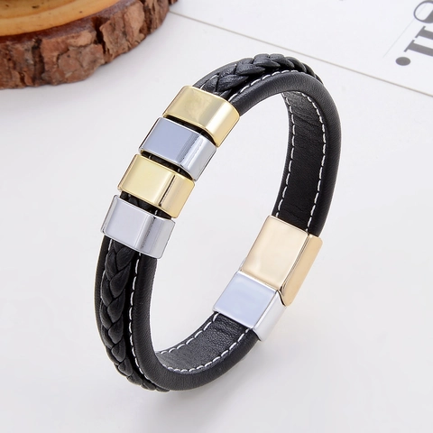 Pulsera de Cuero Trenzado para Hombre Con Hebilla Magnética de Aleación Deslizadores de Metal Cordón Negro Joyería Geométrica Diario