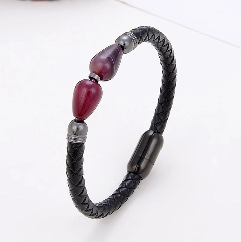 Vintage Lederkordel Achat Stein Armband Edelstahl Magnetverschluss Gewebter Armreif Für Herren Damen Ethnisch Modeschmuck Geschenk