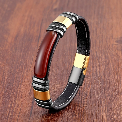 Vintage Herren Lederarmband Mit Edelstahl Magnetverschluss Und Naturstein Inlay Geometrischer Handschmuck