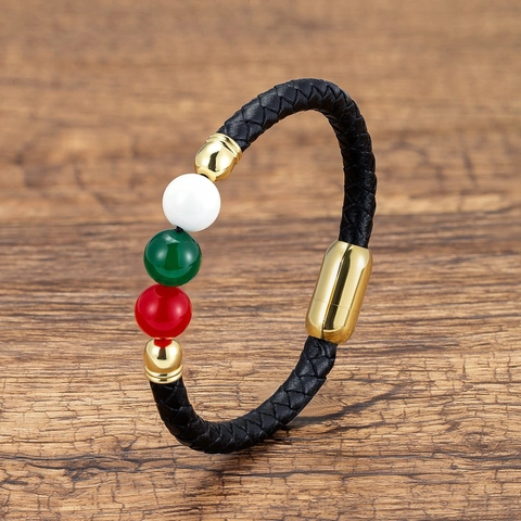 Vintage Geflochtenes Lederarmband Für Herren Damen Edelstahl Magnetverschluss Mehrfarbige Steinperlen Ethnisch Handgewebter Schmuck