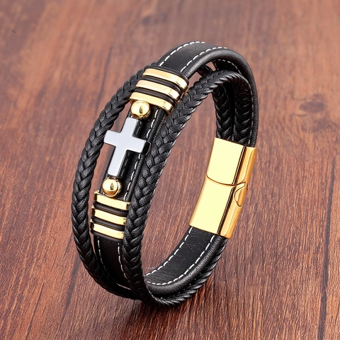 Bracciale da Uomo Vintage in Pelle Intrecciata a Più Strati Con Chiusura Magnetica in Acciaio Inossidabile Ciondolo a Croce