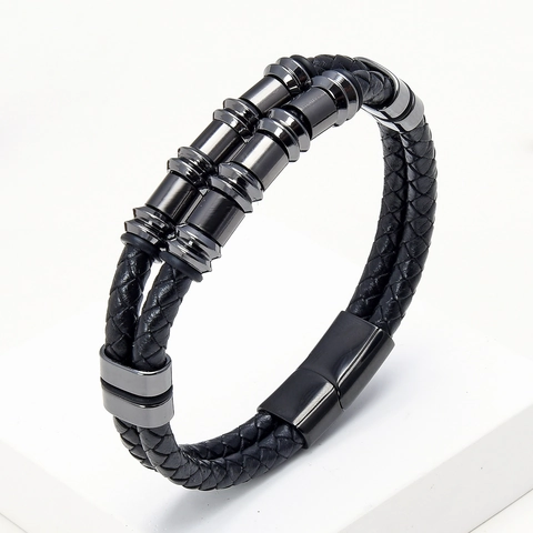 Herren Doppelschichtig Geflochtenes Lederarmband Mit Edelstahl Magnetverschluss Punk Industrie Leder Handschmuck