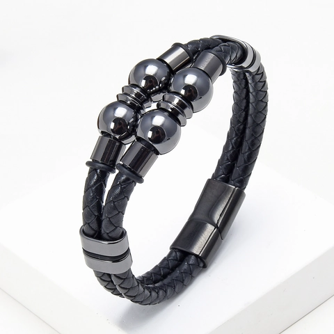 Men Braided Leather Bracelet With Stainless Steel Magnetic Clasp Industrial Style Jewelry Black Woven Hand Strap Gift