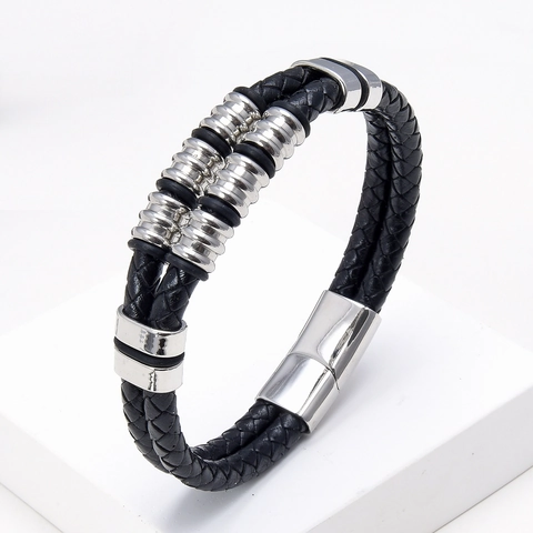 Pulsera de Cuero Trenzado Vintage para Hombre Con Cierre Magnético de Acero Inoxidable Pulsera de Cordón de Doble Capa para Hombre Mujer