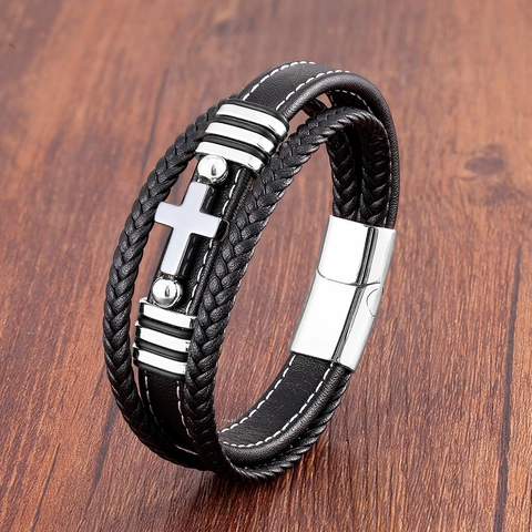 Bracciale da Uomo Vintage in Pelle Intrecciata a Più Strati Con Chiusura Magnetica in Acciaio Inossidabile Ciondolo a Croce