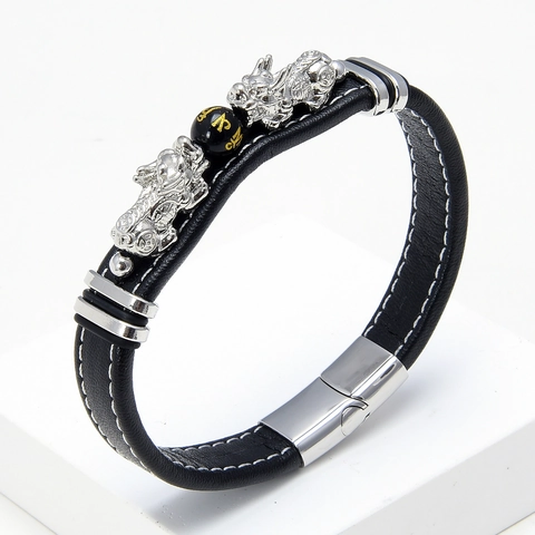 Men's Vintage Braided Leather Bracelet With Stainless Steel Magnetic Clasp PiXiu Charm Lucky Mantra Stone Bead Jewelry