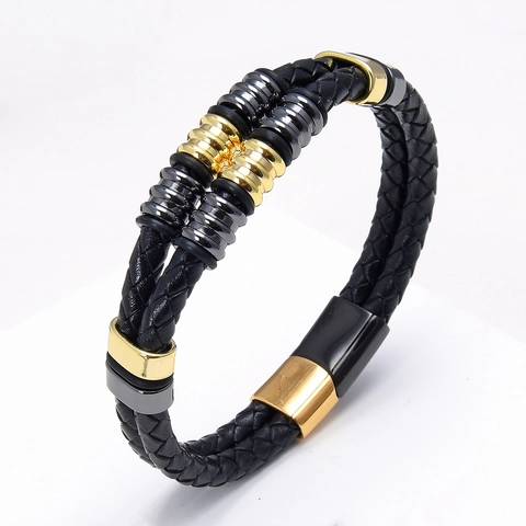 Pulsera de Cuero Trenzado Vintage para Hombre Con Cierre Magnético de Acero Inoxidable Pulsera de Cordón de Doble Capa para Hombre Mujer