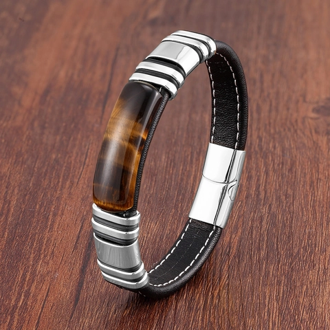 Herren Vintage Lederarmband Mit Edelstahlverschluss Natürlicher Tigerauge Stein Geflochtenes Lederarmband Retro Modeschmuck