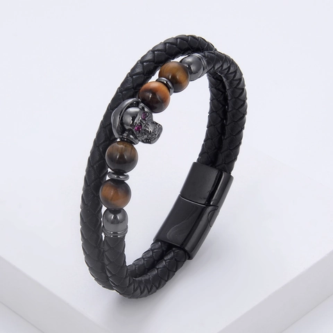 Men's Braided Leather Bracelet With Stainless Steel Magnetic Clasp Punk Skull Natural Stone Bead Double Layer Jewelry Gift