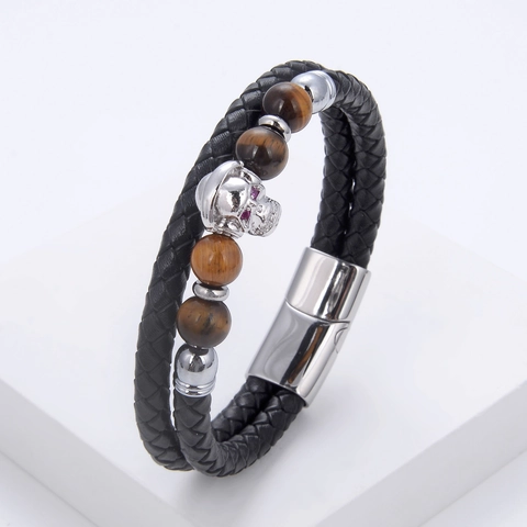 Men's Braided Leather Bracelet With Stainless Steel Magnetic Clasp Punk Skull Natural Stone Bead Double Layer Jewelry Gift