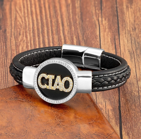 Retro Handgefertigte Geflochtene Lederarmband Mit Edelstahl Verschluss Strass Buchstaben Anhänger Mode Armband Unisex Schmuck