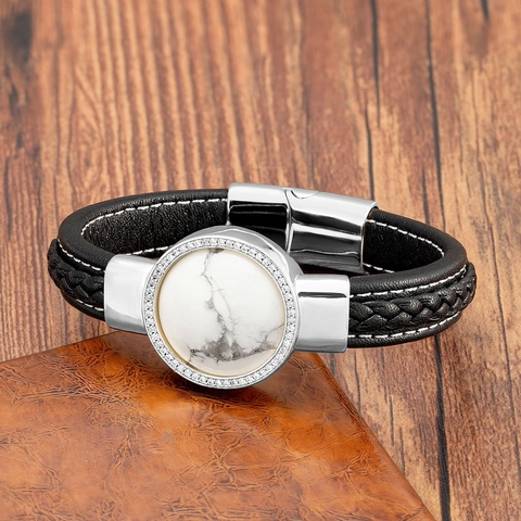 Vintage Geflochtenes Lederarmband Mit Edelstahl Magnetverschluss Zirkonia Eingelegt Naturstein Rundem Anhänger Für Herren Täglicher Schmuck