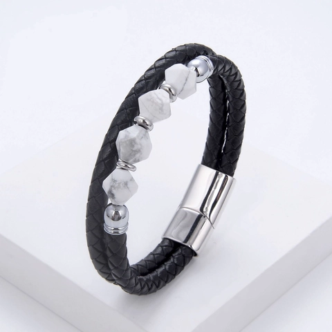 Hand-Woven Leather Bracelet For Men Natural Stone Beads Stainless Steel Magnetic Clasp Vintage Fashion Wristband Gift
