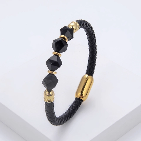 Bracciale da Uomo in Pelle Intrecciata Con Chiusura Magnetica in Acciaio Inox Perline in Pietra Naturale Moda Urbana
