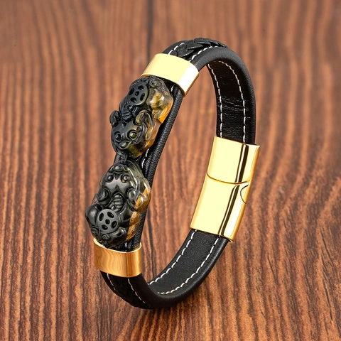 Bracelet Homme en Cuir Tressé Ethnique Avec Pierre Œil de Tigre Gravée Pi Xiu Fermoir Magnétique en Acier Inoxydable Vintage