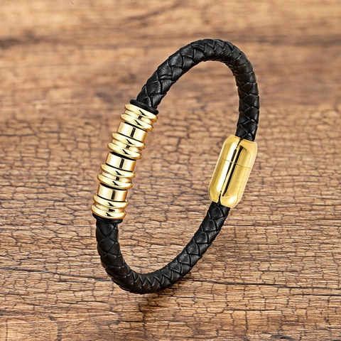 Herren Geflochtenes Lederarmband Edelstahl Magnetverschluss Vintage Punk Stil Geometrische Metallringe Mode Handschmuck Für Den Täglichen Gebrauch