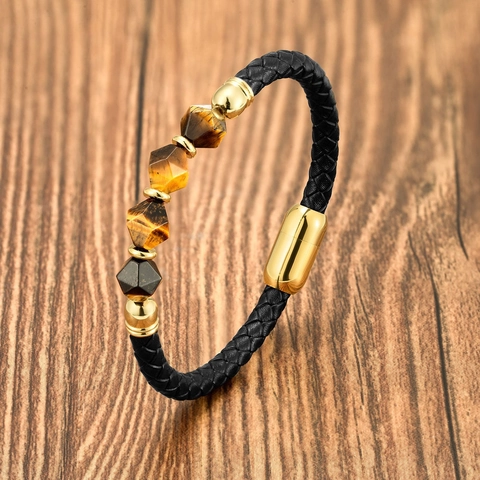 Bracciale da Uomo in Pelle Intrecciata Con Chiusura Magnetica in Acciaio Inox Perline in Pietra Naturale Moda Urbana