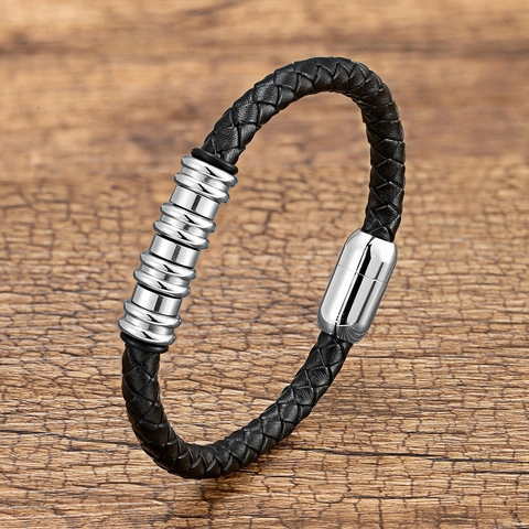 Herren Geflochtenes Lederarmband Edelstahl Magnetverschluss Vintage Punk Stil Geometrische Metallringe Mode Handschmuck Für Den Täglichen Gebrauch