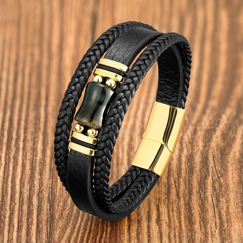Bracciale da Uomo Vintage in Pelle Intrecciata Multistrato Con Pietra Naturale Occhio di Tigre Chiusura Magnetica in Acciaio Inossidabile Gioielli Stile Bohemian Nero Oro