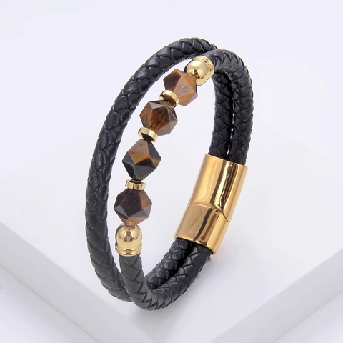 Hand-Woven Leather Bracelet For Men Natural Stone Beads Stainless Steel Magnetic Clasp Vintage Fashion Wristband Gift