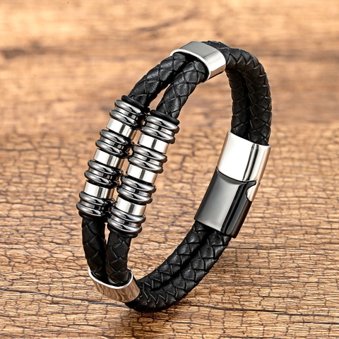 Vintage Men Braided Leather Bracelet Stainless Steel Magnetic Clasp Double Layer Wrap Bangle Casual Jewelry Gift