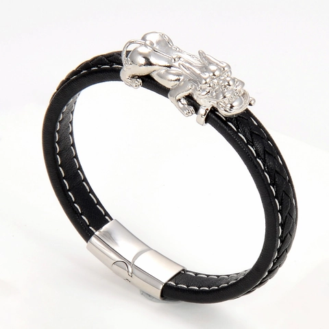 Bracciale da Uomo in Pelle Intrecciata Chiusura Magnetica in Acciaio Inossidabile Animale Tigre PiXiu Punk Vintage Biker Braccialetto per Uomo Gioielli