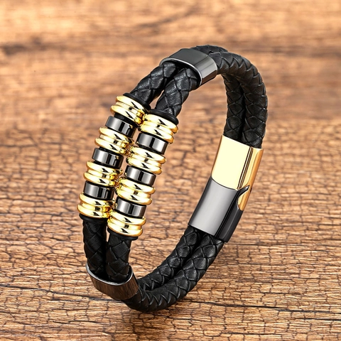 Vintage Men Braided Leather Bracelet Stainless Steel Magnetic Clasp Double Layer Wrap Bangle Casual Jewelry Gift