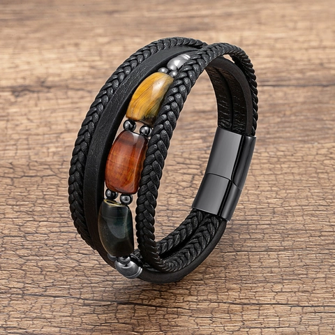Bracelet Homme Vintage Pierre Oeil de Tigre Multicouche Cuir Tressé Avec Fermoir Magnétique en Acier Inoxydable Bijoux Homme