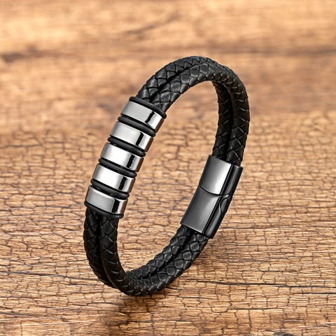 Vintage Herren Doppellagiges Geflochtenes Lederarmband Edelstahl Magnetverschluss Punk Geometrisches Armband Schmuck Geschenk