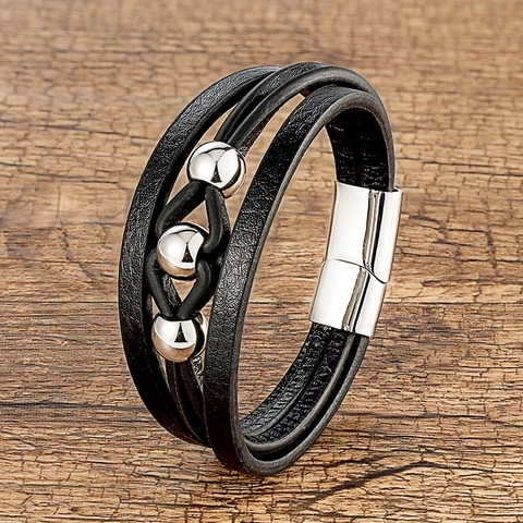 Men's Genuine Leather Multi-layer Bracelet With Stainless Steel Magnetic Clasp Vintage Handcrafted Braid Jewelry Punk Style Wristband