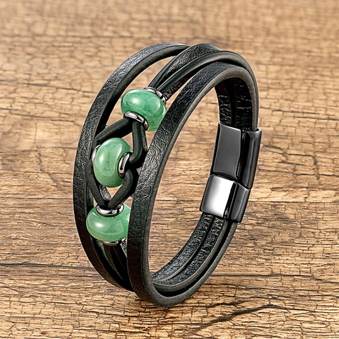 Bracciale in Pelle Multistrato da Uomo Con Chiusura Magnetica in Acciaio Inossidabile Perle in Pietra Naturale Gioielli Retro