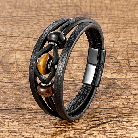 Bracciale in Pelle Multistrato da Uomo Con Chiusura Magnetica in Acciaio Inossidabile Perle in Pietra Naturale Gioielli Retro