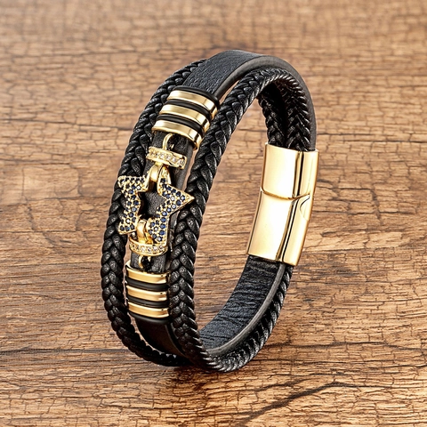 Vintage Multi-Layer Braided Leather Bracelet With Stainless Steel Magnetic Clasp Zirconia Star Pendant Punk Jewelry For Men Women