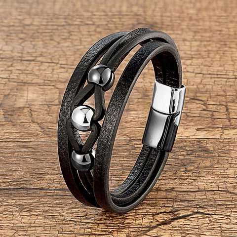 Men's Genuine Leather Multi-layer Bracelet With Stainless Steel Magnetic Clasp Vintage Handcrafted Braid Jewelry Punk Style Wristband