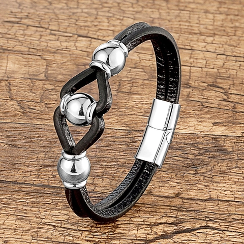 Men Fashion Braided Leather Bracelet With Stainless Steel Beads Magnetic Clasp Multilayer Handmade Leather Wrap Wristband Personal Jewelry Gift