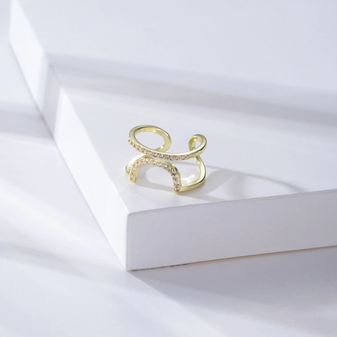 Double Layer Geometric Open Ring Copper Rhinestone Inlaid Adjustable Ring For Women Daily Party Jewelry Gold Silver Ring
