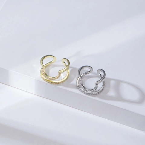 Double Layer Geometric Open Ring Copper Rhinestone Inlaid Adjustable Ring For Women Daily Party Jewelry Gold Silver Ring