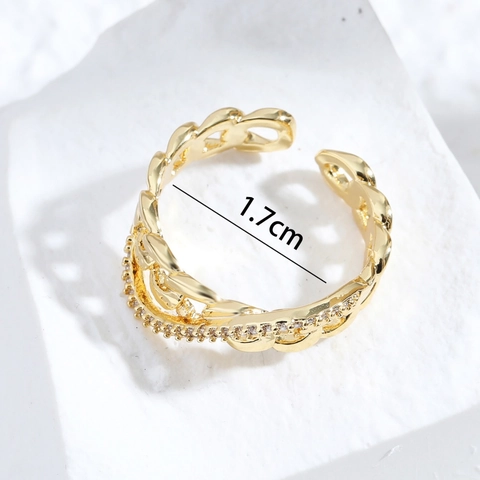 Eleganter Kupfer Gold Überzogener Zirkonia Offener Ring Geometrischer Panzerketten Verstellbarer Fingerring Damen Schmuck