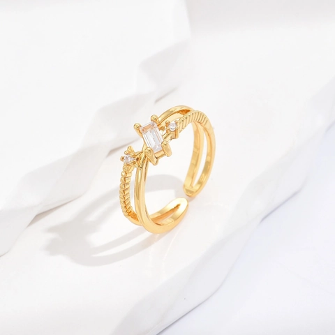Verguld Koperen Rechthoekige Zirkoon Open Ring Mode Dubbellaags Verstelbare Vingersieraden Voor Vrouwen Feest Cadeau