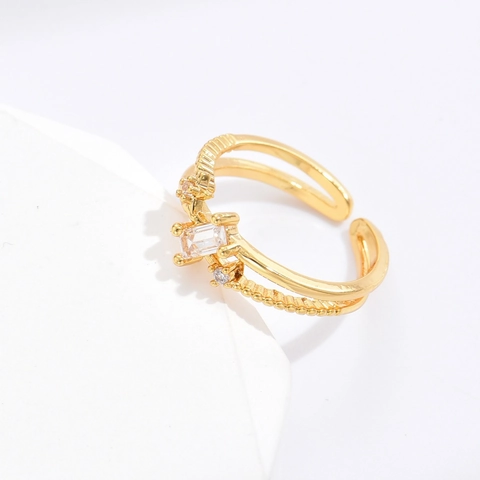 Verguld Koperen Rechthoekige Zirkoon Open Ring Mode Dubbellaags Verstelbare Vingersieraden Voor Vrouwen Feest Cadeau