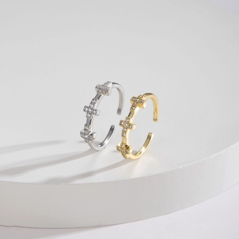 Minimalist Copper Zirconia Cross Open Ring For Women Adjustable Electroplated Fashion Finger Ring Gold Silver Plated Jewelry Gift