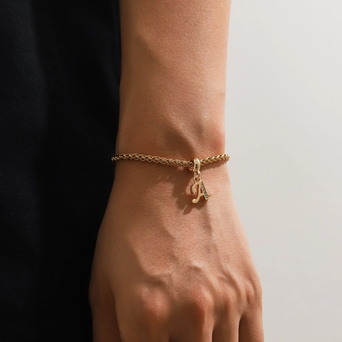 Bracciale da Donna di Moda Europea in Acciaio Inossidabile Con Ciondolo a Lettera di Strass Catena a Grano Oro Argento